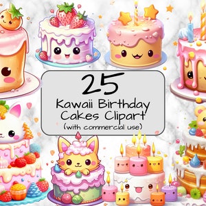 Kawaii Geburtstag Kuchen Clipart. Digitale Kunst & Sublimation. PNG-Format. Transparenter Hintergrund. Kommerzielle Nutzung Geburtstag Clipart Kawaii Clipart