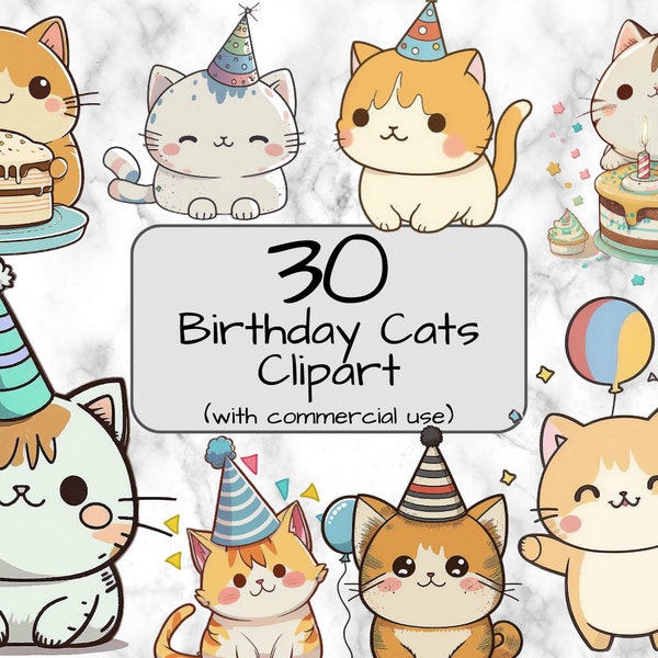 Kawaii Birthday Cats. Digital Art & Sublimation. PNG format. Instant download. Commercial use. Kawaii cats clipart. Birthday party png.