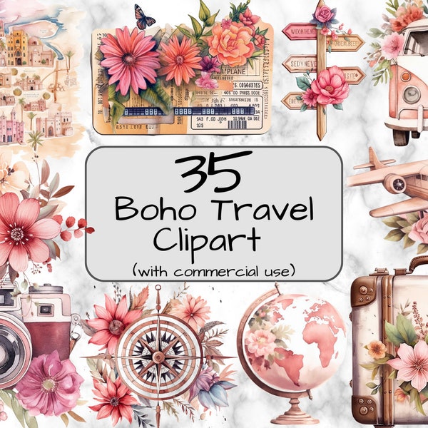 Watercolor Boho Travel Clipart. Vacation Clipart. PNG Format. Transparent Background. Commercial Use. Sublimation. Junk Journal. Travel PNG.