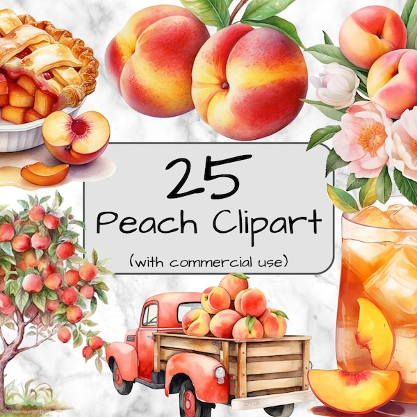 Watercolor Peaches Clipart. Fruit Clipart. PNG format. Transparent background. Digital Art & Sublimation. Commercial use. Instant download.