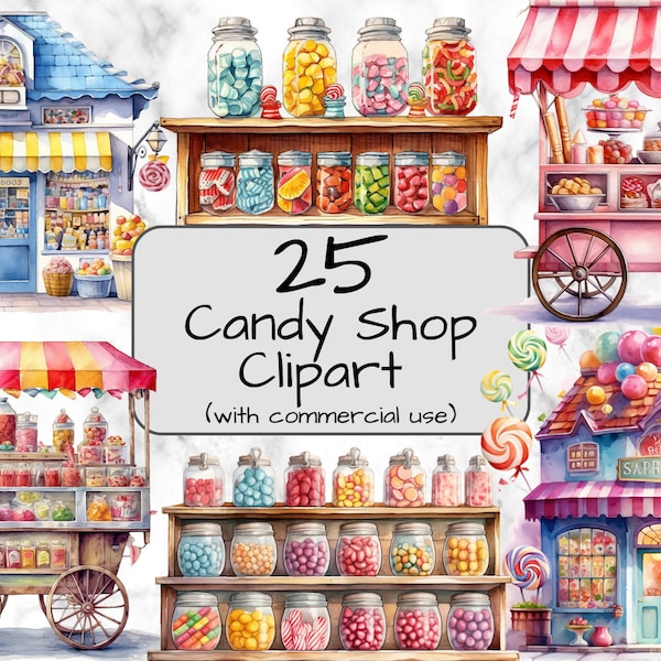 Watercolor Candy Shop Clipart. Candy Clipart. PNG Format. Transparent Background. Commercial Use. Digital Art & Sublimation. Sweets clipart.