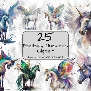 Aquarell Fantasy Einhorn Clipart, Digital Art & Sublimation, Pegasus, geflügelte Einhörner, PNG format, Sofortiger download, Magische Einhörner