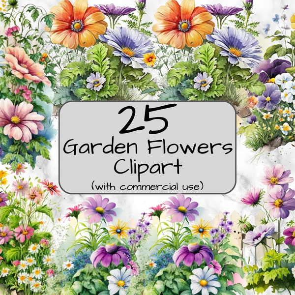 Aquarell Garten Blumen Clipart. Frühling Garten Clipart. Hinterhof Garten Digitale Kunst/Sublimation PNG-Format Sofortiger Download Kommerzielle Nutzung