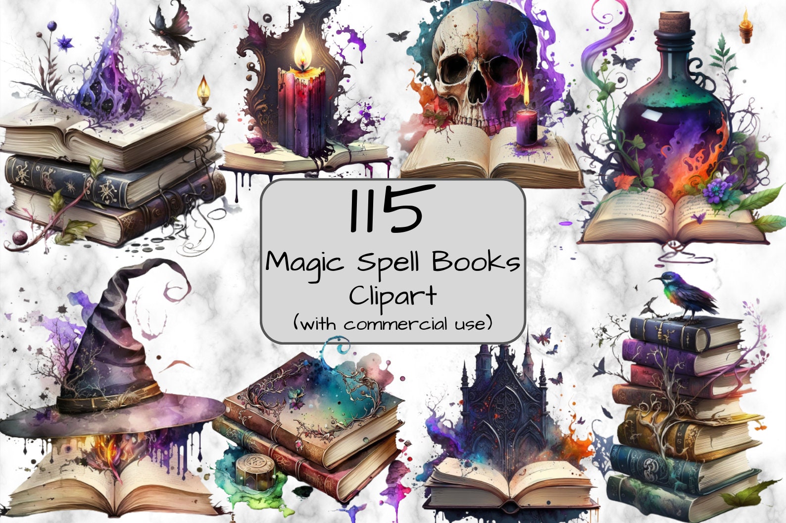 Watercolor magic book, spell book, fairy book. Digital clipa