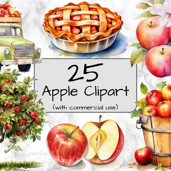 Watercolor Apple Clipart. Fruit Clipart. PNG format. Transparent background. Digital Art & Sublimation. Commercial use. Instant download.