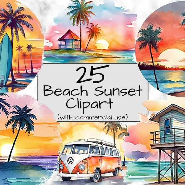 Watercolor Beach Sunset Clipart. PNG Format. Transparent Background. Commercial Use. Junk Journal. Beach Clipart. Sublimation. Beach PNG.