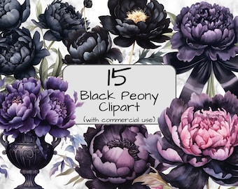 Watercolor Black Peony Clipart. Flower Clipart. PNG Format. Transparent Background. Junk Journal. Scrapbook Clipart. Sublimation. Peony PNG.