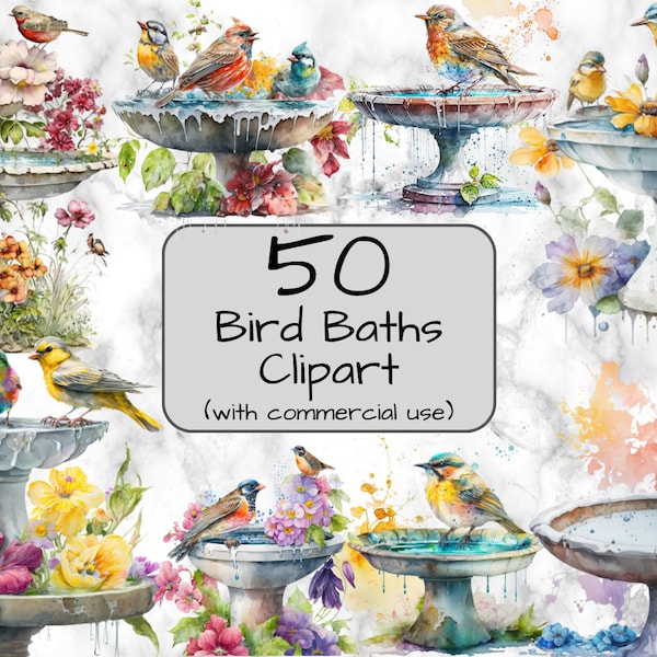 Watercolor Bird Baths Clipart. Digital Art & Sublimation. PNG format. Instant download. Spring Garden Clipart. Wedding png. Commercial use