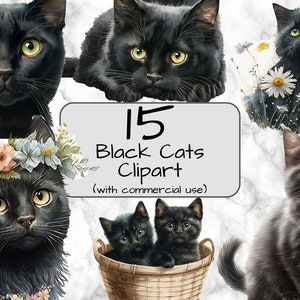 Watercolor Black Cats Clipart. Digital Art & Sublimation. Cat clip art. Commercial use. PNG format. Instant Download. Cute cats and Kittens