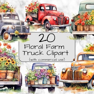 Akwarela Kwiatowy Farm Truck Clipart. Wiosna Clipart. Format PNG. Przezroczyste tło. Komercyjne wykorzystanie Cyfrowa sztuka i sublimacja Ciężarówka PNG