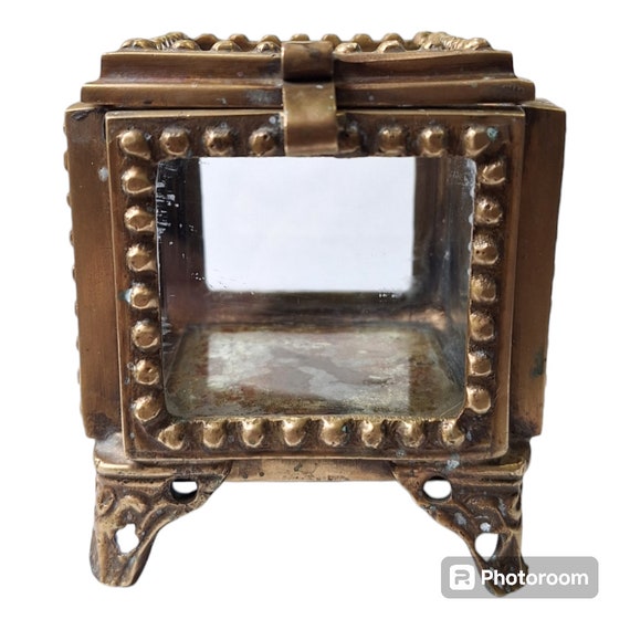 Vintage Hinged Brass and Beveled Glass Trinket Va… - image 3
