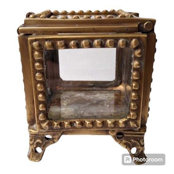 Vintage Hinged Brass and Beveled Glass Trinket Va… - image 6