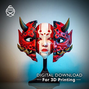 May include: A detailed, multi-piece mask design with a central human face flanked by two red demon masks with horns. The mask is displayed on a black stand. The text "DIGITAL DOWNLOAD - For 3D Printing" is at the bottom.