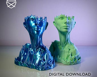 May include: Two 3D-printed busts of human faces, one in metallic blue and the other in green. The busts have a unique design with a textured, flowing appearance. The text "DIGITAL DOWNLOAD - For 3D Printing" is at the bottom.