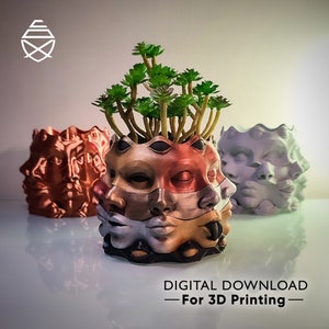May include: Three decorative planters with faces, in copper, silver, and bronze tones, each holding a small green plant. The central planter has a multi-toned metallic finish. The text "DIGITAL DOWNLOAD - For 3D Printing" is at the bottom.