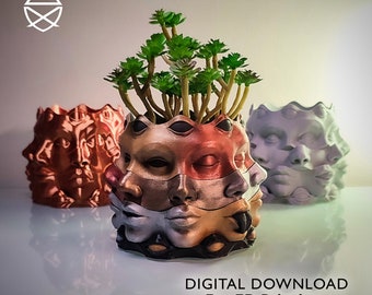 May include: Three face-shaped planters in copper, silver, and bronze, each with a small green plant. The central planter has a multi-toned metallic finish. The text "DIGITAL DOWNLOAD - For 3D Printing" is at the bottom.