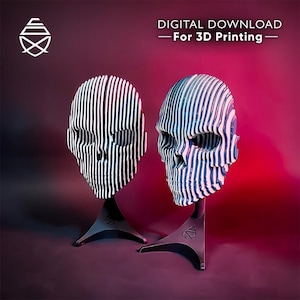 May include: Two 3D-printed skull sculptures with vertical black and white stripes. The skulls are mounted on black stands with a logo. The background is a gradient of dark red and purple. Text at the top reads "DIGITAL DOWNLOAD - For 3D Printing".