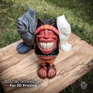 May include: A colorful, cartoonish figurine with a large smiling face, wearing a red headband and traditional clothing. The figurine is on a wooden surface, with two other similar figures in the background. The text "DIGITAL DOWNLOAD - For 3D Printing" is at the bottom.