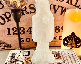Santa Muerte Candle | White Santa Muerte Ritual Candle | White Cleansing Santa Muerte Spell Candle Magick | White Saint Death Candle w/ Owl