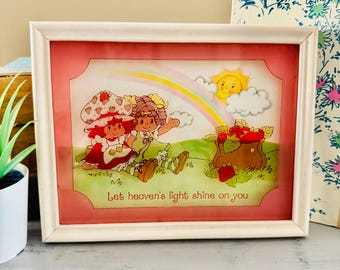 Vintage 1980&#39;s Strawberry Shortcake Painted Glass | Framed Lulu&#39;s Strawberry Shortcake 3D Painted Glass Wall Art Table Art | Retro 80s Kids