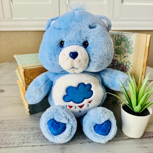 Puede incluir: Un oso de peluche azul claro con una barriga blanca con un diseño de nube y lluvia azul. El oso tiene un corazón azul en la nariz y los pies. Está sentado sobre una superficie de madera.