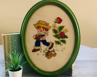 Vintage 1980's Huckleberry Pie Embroidery | 1980s Strawberry Shortcake Needlepoint Framed Picture for Nursery Kids Room 80s Framed Art
