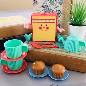 Vintage 1980&#39;s Cherry Merry Muffin Snack &#39;n Server Playset | 1980s Cherry Muffin Scented Doll | Cherry Merry Muffin Table Teapot Play Set