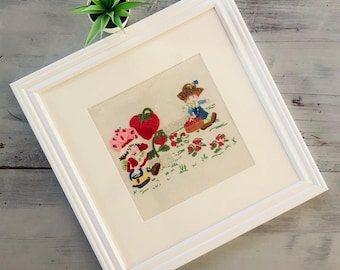 Vintage 1980's Strawberry Shortcake Embroidery Retro Strawberry Shortcake Huckleberry Pie Framed Picture for Nursery Kids Room Needlepoint