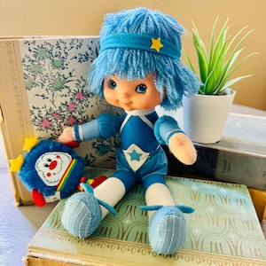 Vintage 1980&#39;s Buddy Blue Color Kid with Champ Sprite | Retro 80s Rainbow Brite Plush Doll | Original Rainbow Brite Blue Boy Blue Doll