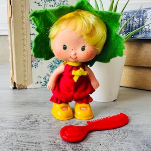 May include: A plastic doll with yellow hair, a green felt leaf hat, and a red dress with a yellow bow. The doll wears yellow shoes and has freckles on its cheeks. A small red plastic comb with a strawberry emblem is positioned in front of the doll.