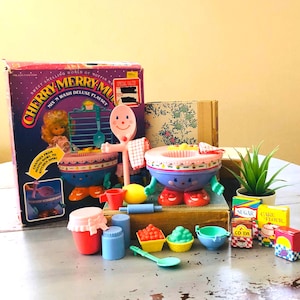 Vintage 1980&#39;s Cherry Merry Muffin Mix &#39;n Wash Playset | 1980s Cherry Muffin Scented Doll | Cherry Merry Muffin Mixing Bowl Sink with Spoon