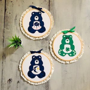 Vintage 1980&#39;s Care Bears Handmade Appliqué Wall Hangings | Care Bears Needlepoint Hoops | 1980s Care Bears Art for Nursery Kids Room 80s