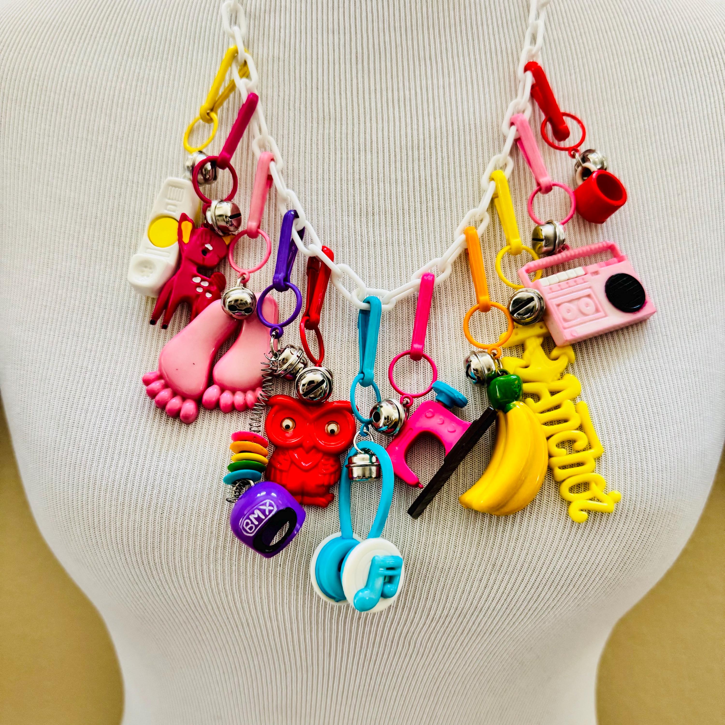 Vintage 1980's Plastic Bell Charm Necklace 80's Plastic Clip-on