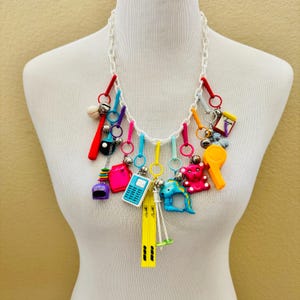 Vintage 1980's Plastic Bell Charm Necklace | 80's Plastic Clip-on