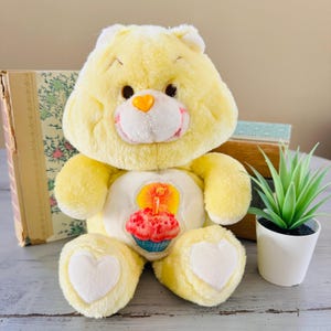Vintage 1980&#39;s Birthday Bear Care Bear | Original Care Bear Plush | Retro 1980s Cupcake Yellow Care Bear | Kenner Birthday Bear Plushie