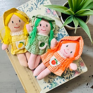 Vintage 1980&#39;s Frutillitas Mini Dolls | Fakie Strawberry Shortcake Rag Doll Ornaments | Little Fruit Doll Plush Ornaments Lemon, Lime Orange