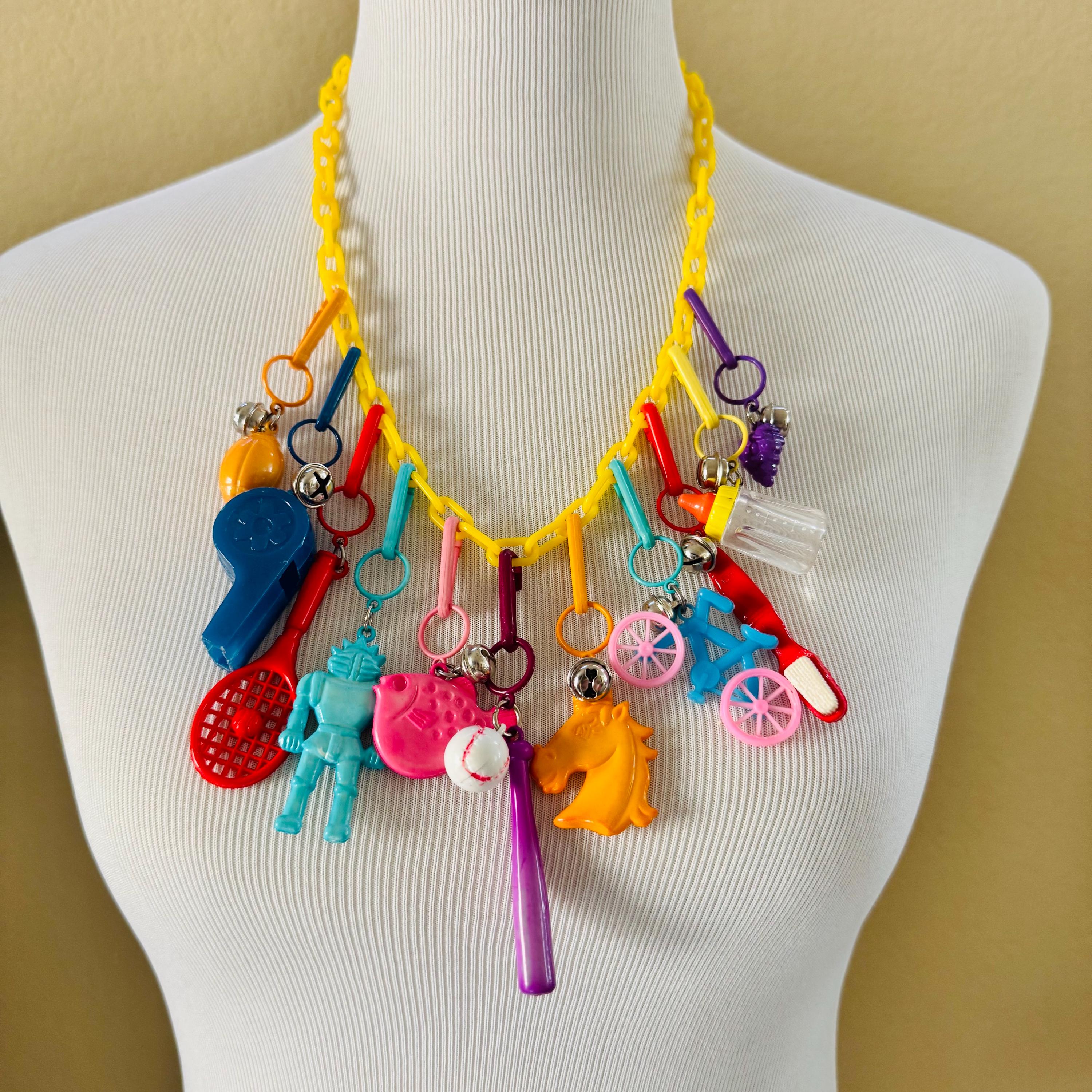 Vintage 1980's Plastic Bell Charm Necklace | 80's Plastic Clip-on