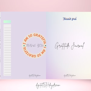 May include: A purple and white gratitude journal with a colorful circle design that says "I am so grateful, thank you, I am so grateful". The journal has a lined page for writing down things you are grateful for.