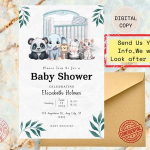 Cartão de convite personalizado para chá de bebê com tema de animal bebê adorável | Convite de festa na selva personalizável para meninos e meninas feito sob encomenda