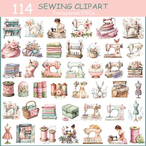 Könnte beinhalten: Eine Sammlung von 114 Aquarell-Näh-Cliparts. Die Bilder zeigen Nähmaschinen, Garnrollen, Stoffstapel, Schneiderpuppen und andere Nähutensilien. Die Farbpalette ist weich, mit Pastelltönen in Rosa, Grün und Blau.