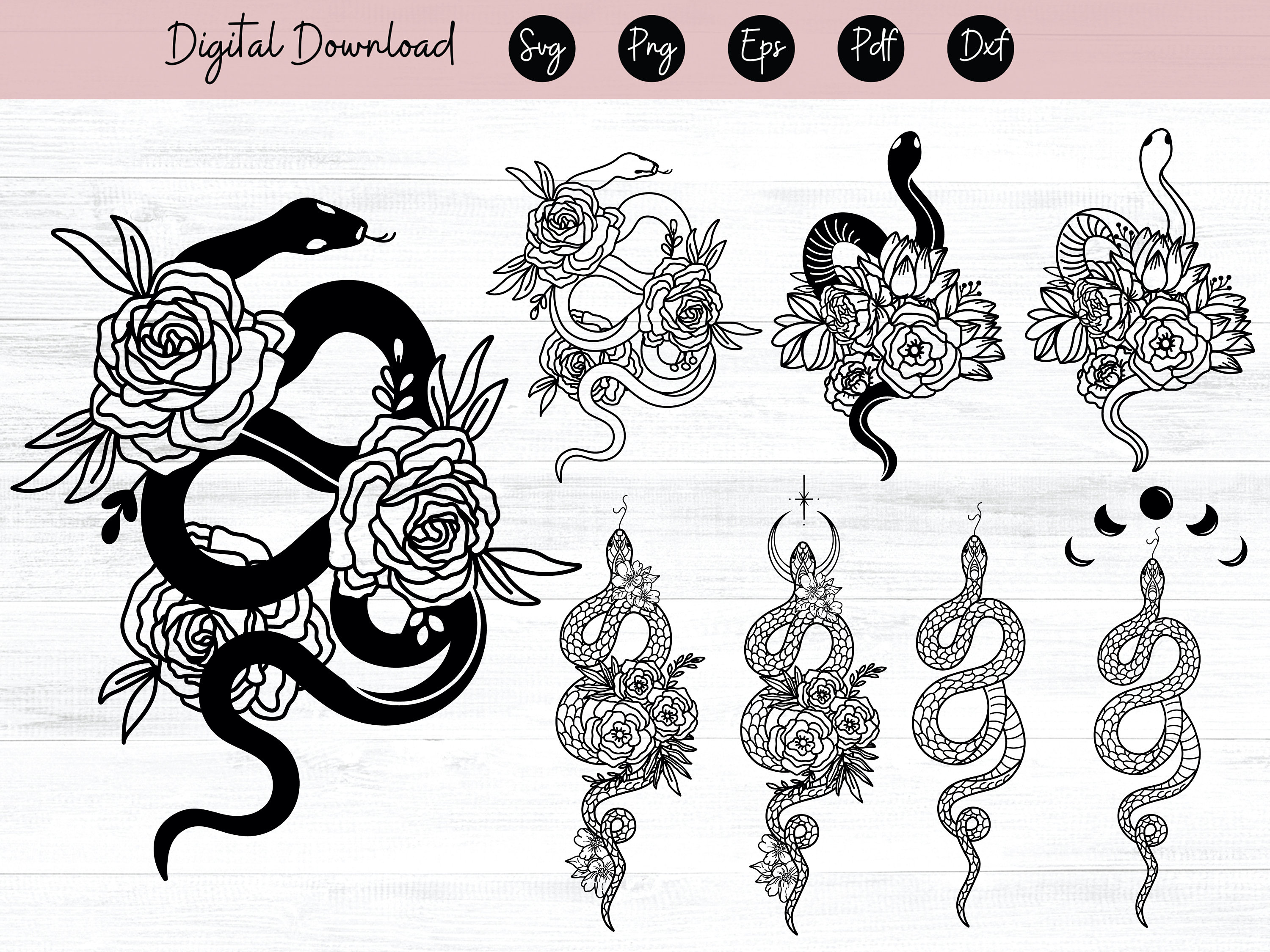 Flower Snake SVG file, Snake with Flowers SVG, Snake cut file, Animal Face, Floral Snake, Snake with Flowers on Head, tattoo svg file