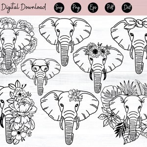 Arquivo SVG de elefante Elefante com coroa de flores Arquivo cortado de elefante SVG Rosto de animal Coroa floral Elefante com flores na cabeça, africano selvagem