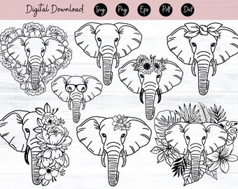Elephant SVG file Elephant with Flower Crown SVG Elephant cut file Animal Face Floral Crown Elephant with Flowers on Head, wild African