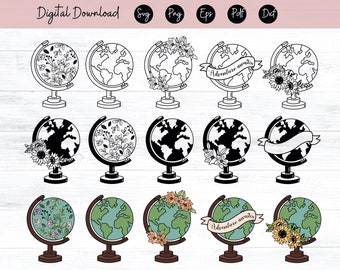 Floral Globe SVG, Travel SVG, Adventure svg file, Flower Globe svg, Adventure Awaits Cut File, Globe SVG file, Map svg, Globe cut file