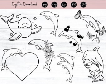 Paquete de delfines SVG, delfín floral, animales marinos, verano, playa, flores, archivos SVG para Cricut y Silhouette, plantilla de corte de papel