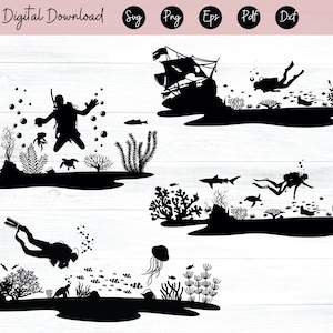 Scuba Diver SVG Onderwaterwereld SVG Duiker met zeescène SVG Scuba Gear SVG Scuba Mask Clipart Duiken Png, Eps, Dxf, Vector