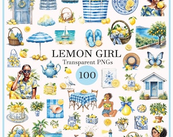 100 Lemon Girl Clipart, Fruit Clipart, Watercolour Lemon PNG Bundle, Watercolour Lemon Wreath