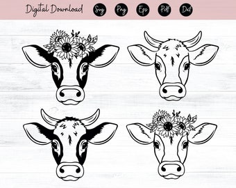 牛のSVGファイル、花冠をつけた牛のSVG、牛のカットファイル、動物の顔、花冠、頭に花をつけた牛、かわいい牛のSVG、農場の動物、納屋