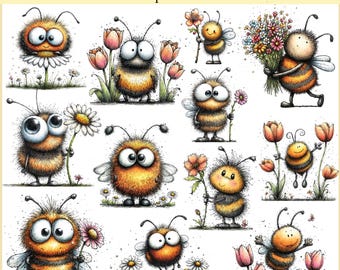 Whimsical Bee Clipart PNG Bundle, Cute Bee Illustration, Floral Honey Bee Graphics