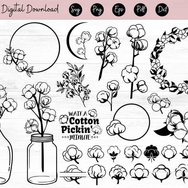 Cotton flower SVG bundle cotton bulbs cut file hand drawn cotton svg by Oxee cotton wreath cotton monogram svg